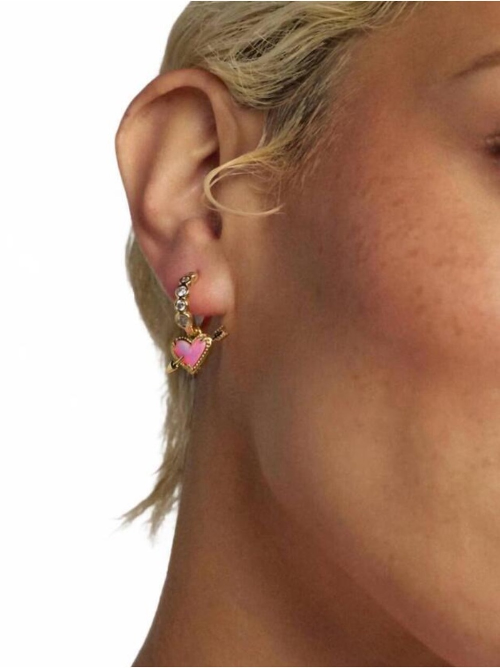 NEW Kendra Scott Heart Arrow Gold Diamond Huggie Pink Opal Iridescent Earrings - Picture 3 of 6